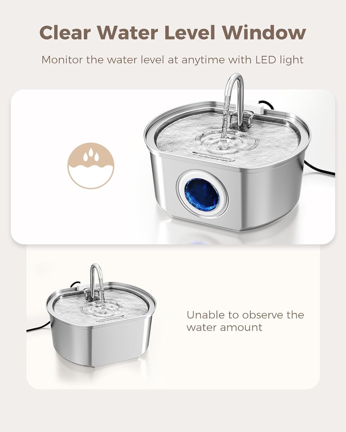 Stainless Steel Cat Water Fountain – 2.5L Automatic Pet Drinking Fountain with Water Level Window & Ultra-Quiet Pump