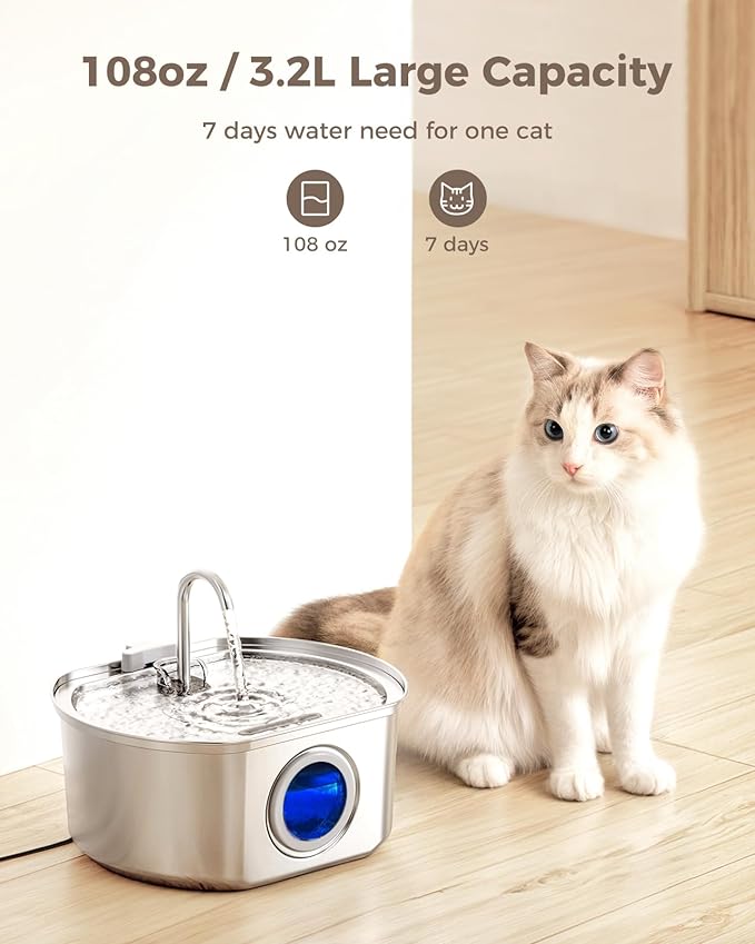 Stainless Steel Cat Water Fountain – 2.5L Automatic Pet Drinking Fountain with Water Level Window & Ultra-Quiet Pump