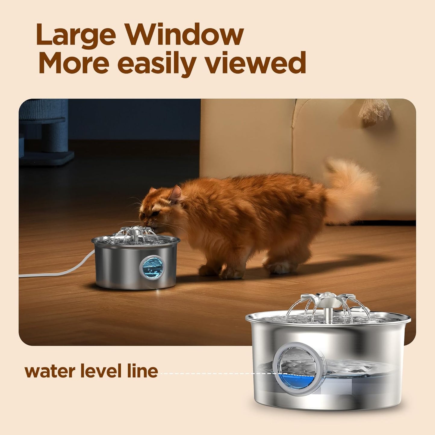 Stainless Steel Pet Water Fountain – 2.5L Automatic Cat and Dog Drinking Dispenser with Water Level Window & Quiet Pump