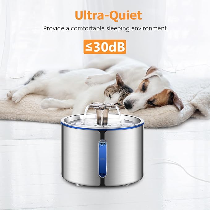 Stainless Steel Cat Water Fountain – 2.4L Quiet Circulating Pet Drinking Dispenser with Water Level Window