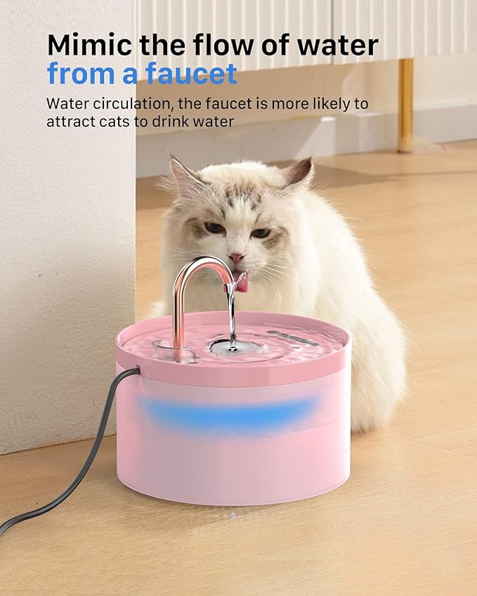Pink Cat Water Fountain – 2.4L Transparent Tank with Stainless Steel Spout and Ultra-Quiet USB Operation