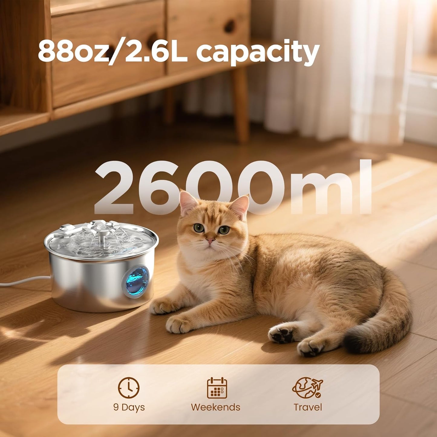 Stainless Steel Pet Water Fountain – 2.5L Automatic Cat and Dog Drinking Dispenser with Water Level Window & Quiet Pump