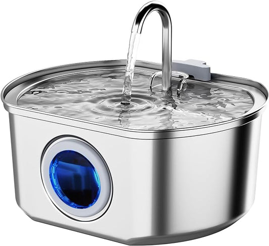 Stainless Steel Cat Water Fountain – 2.5L Automatic Pet Drinking Fountain with Water Level Window & Ultra-Quiet Pump