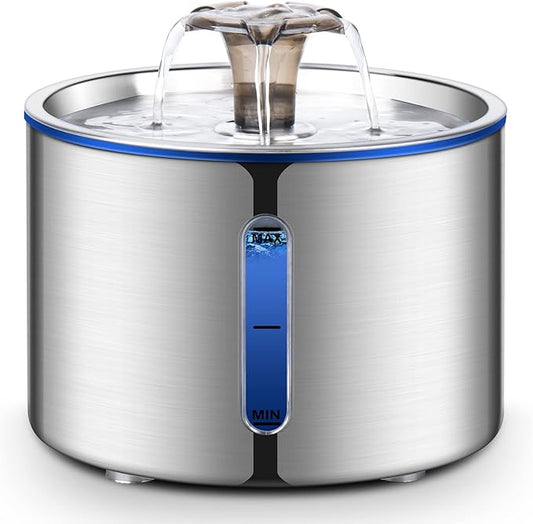 Stainless Steel Cat Water Fountain – 2.4L Quiet Circulating Pet Drinking Dispenser with Water Level Window