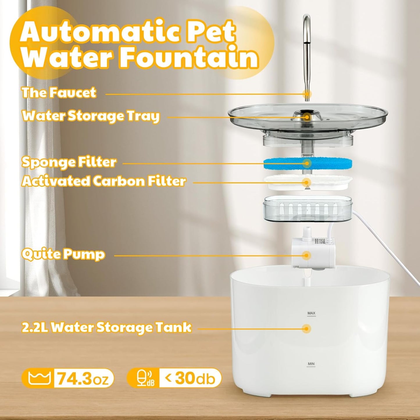 2.2L Cat Water Fountain – 74.3oz Large-Capacity Pet Dispenser with Stainless Steel Spout and Quiet USB Pump