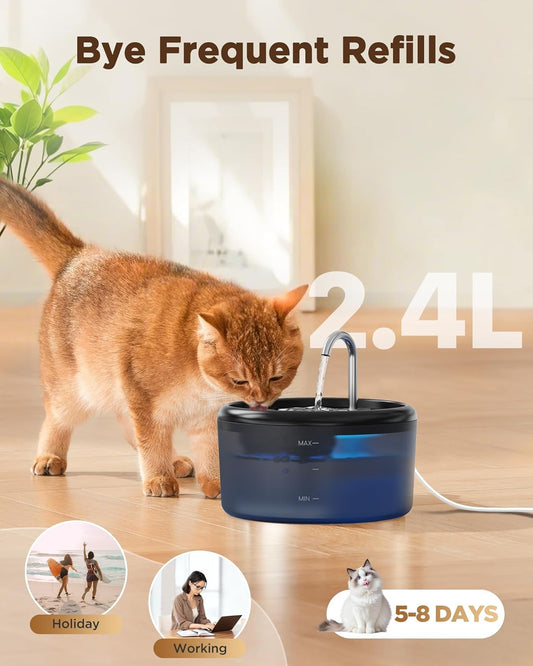 2.4L Automatic Cat Water Fountain – Ultra-Quiet Pet Drinking Dispenser with Visible Water Level and Stainless Steel Spout