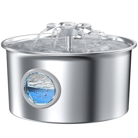 Stainless Steel Pet Water Fountain – 2.5L Automatic Cat and Dog Drinking Dispenser with Water Level Window & Quiet Pump