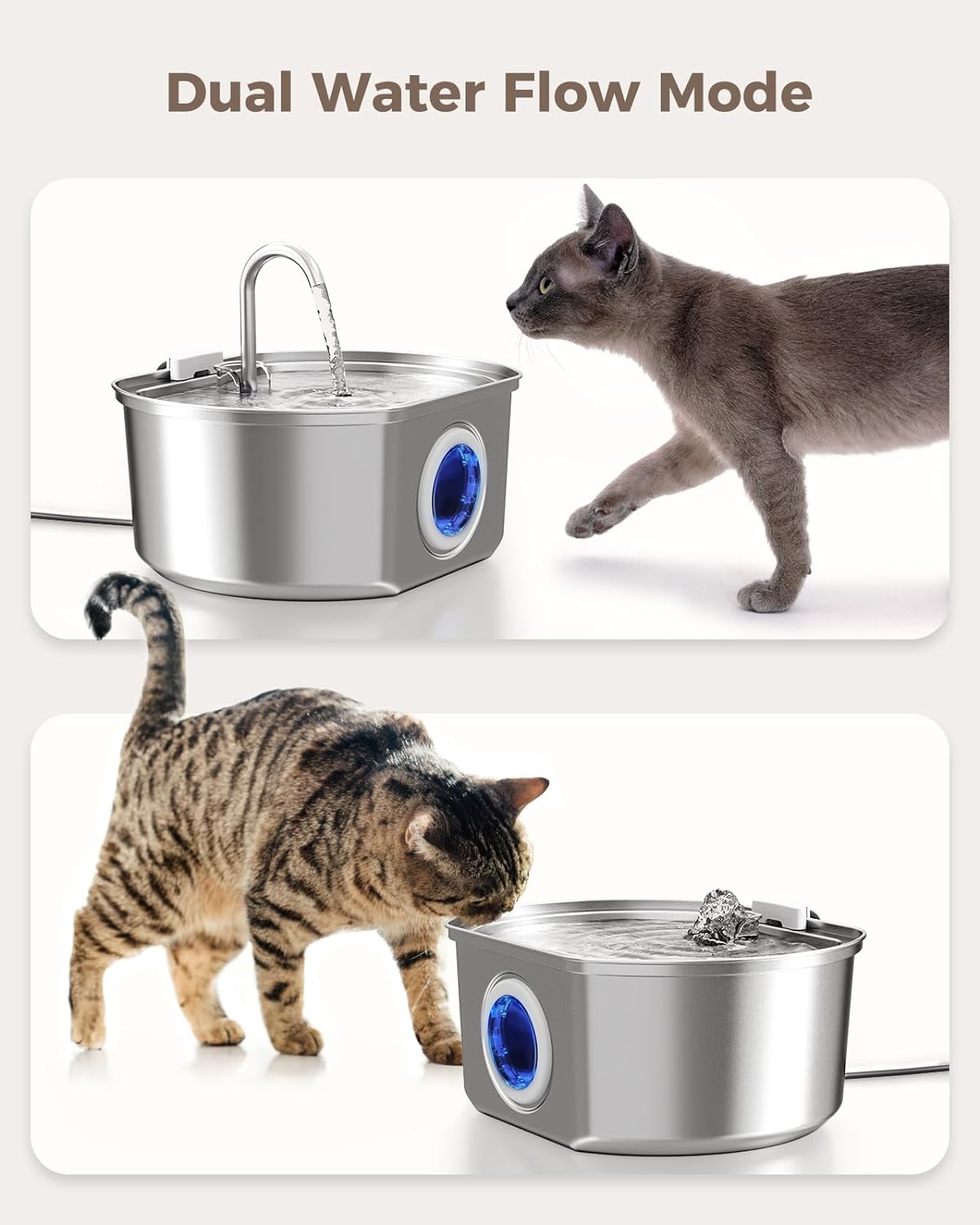 Stainless Steel Cat Water Fountain – 2.5L Automatic Pet Drinking Fountain with Water Level Window & Ultra-Quiet Pump