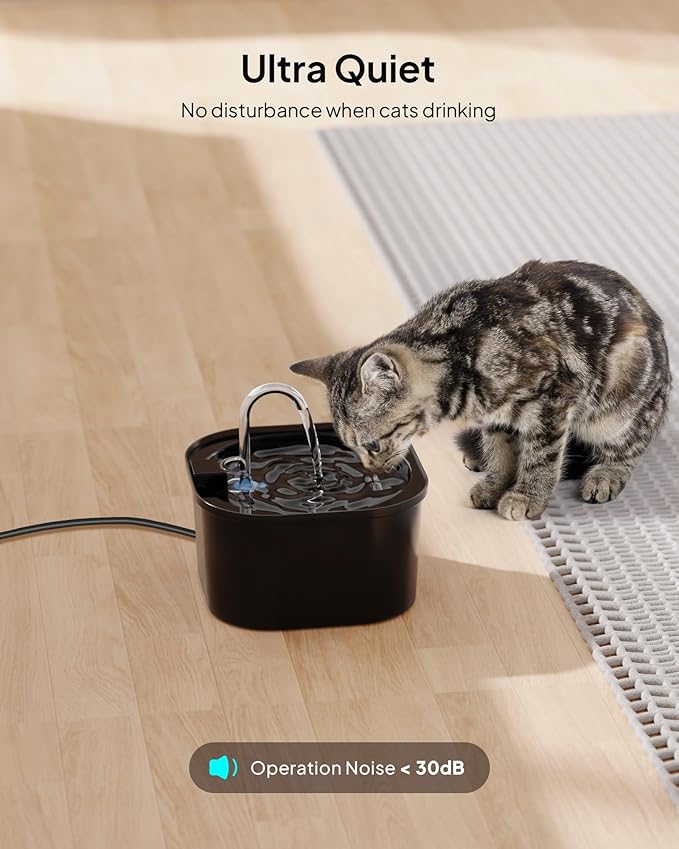 Modern Black Cat Water Fountain – 2.5L Quiet Automatic Pet Drinking Dispenser with Stainless Steel Spout