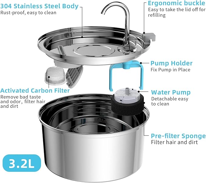 304 Stainless Steel Cat Water Fountain – 2.5L Elevated Spout Pet Drinking Dispenser with Quiet Pump & Multi-Layer Filtration