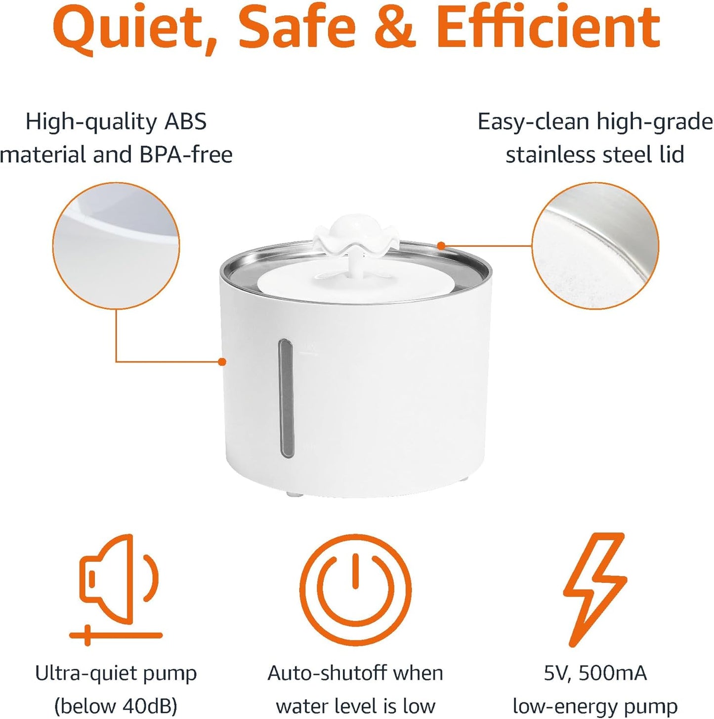 Smart White Cat Water Fountain – Quiet 2.0L Pet Dispenser with Stainless Steel Lid and Auto Shut-Off Protection