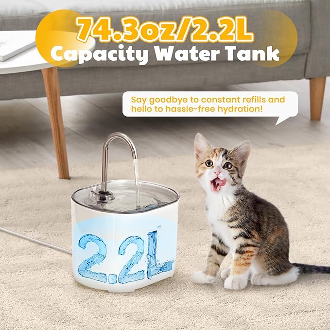 2.2L Cat Water Fountain – 74.3oz Large-Capacity Pet Dispenser with Stainless Steel Spout and Quiet USB Pump