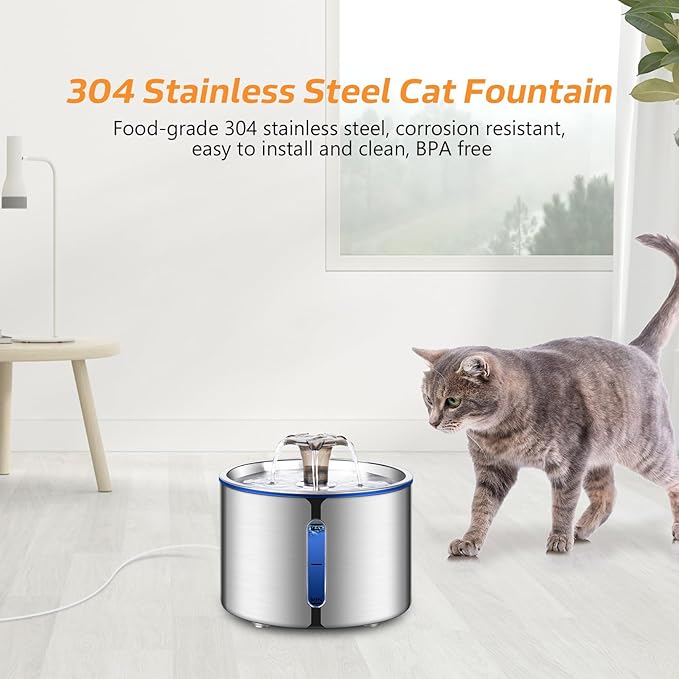 Stainless Steel Cat Water Fountain – 2.4L Quiet Circulating Pet Drinking Dispenser with Water Level Window