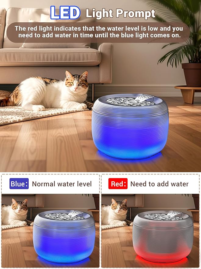 LED Cat Water Fountain with Splash-Proof Tray – 2.5L Ultra-Quiet Round Pet Drinking Fountain with 5-Stage Filtration
