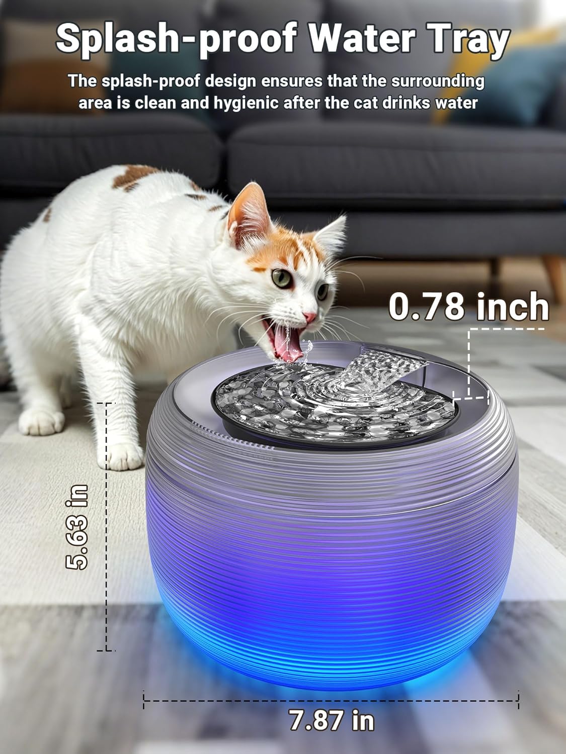 LED Cat Water Fountain with Splash-Proof Tray – 2.5L Ultra-Quiet Round Pet Drinking Fountain with 5-Stage Filtration